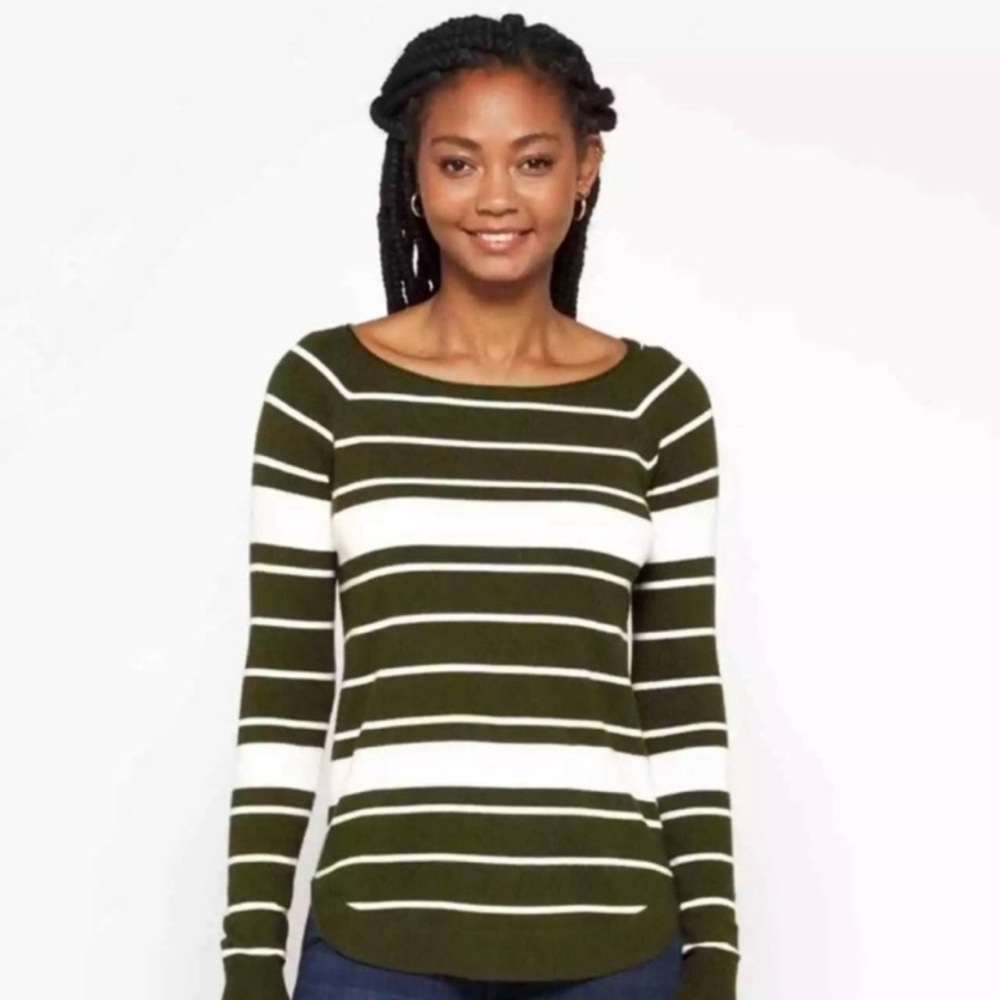 Pink Clover Women XXL Lightweight Olive Green White Striped Crewneck Sweater Top